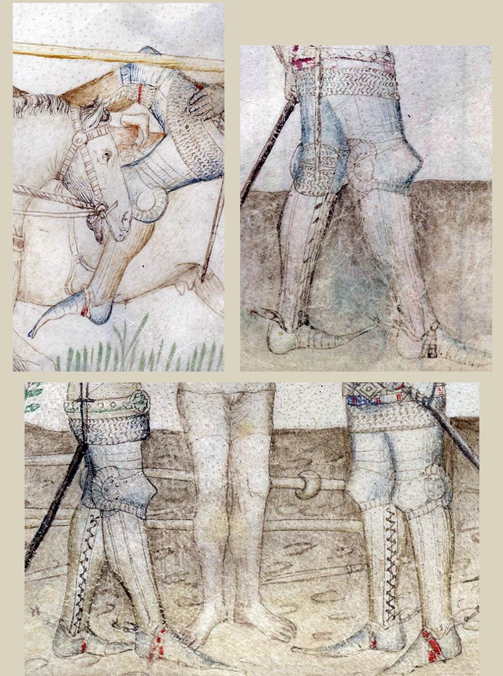 Transitional leg harness based on Guiron le Courtois Manuscript, 1370-1380. Made from medium carbon steel and spring steel 1,2 - 1,5 mm thick; leather 3 mm thick. Heat hardened and tempered up to 42 HRC. / Przejciowe osony ng wzorowane na manuskrypcie Guiron le Courtois, 1370-1380. Wykonane ze stali redniowglowej i sprynowej 1,2 mm - 1,5 mm; skra o gruboci 3 mm. Hartowane i odpuszczane do 42 HRC.  